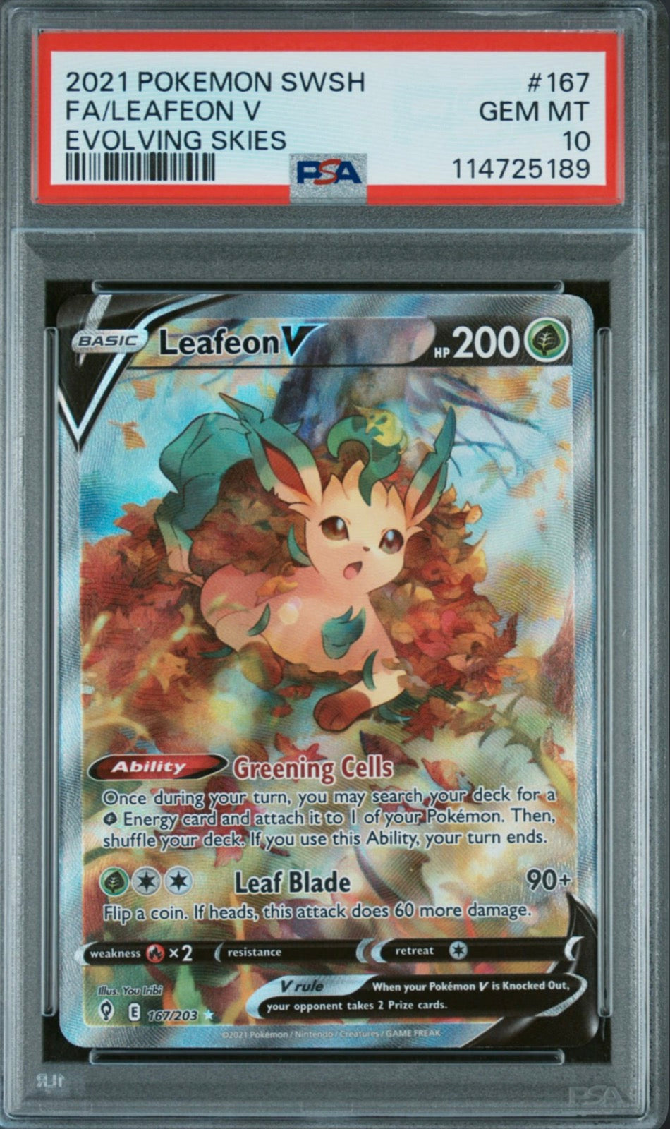 2021 POKEMON SWSH FA/LEAFEON V GEM MT 10 EVOLVING SKIES